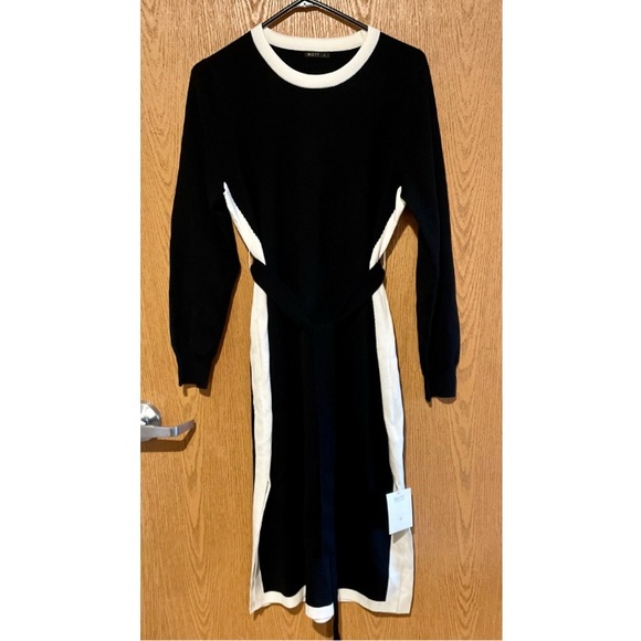 NWT GORGEOUS MOTIF MIDI BLACK DRESS WITH WHITE ACCENTS AND BELT! - Picture 2 of 11